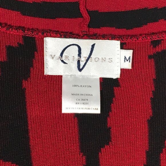 Variations Womens Size Medium Open Front Red Black Light Knit Cardigan Sweater - Picture 3 of 14